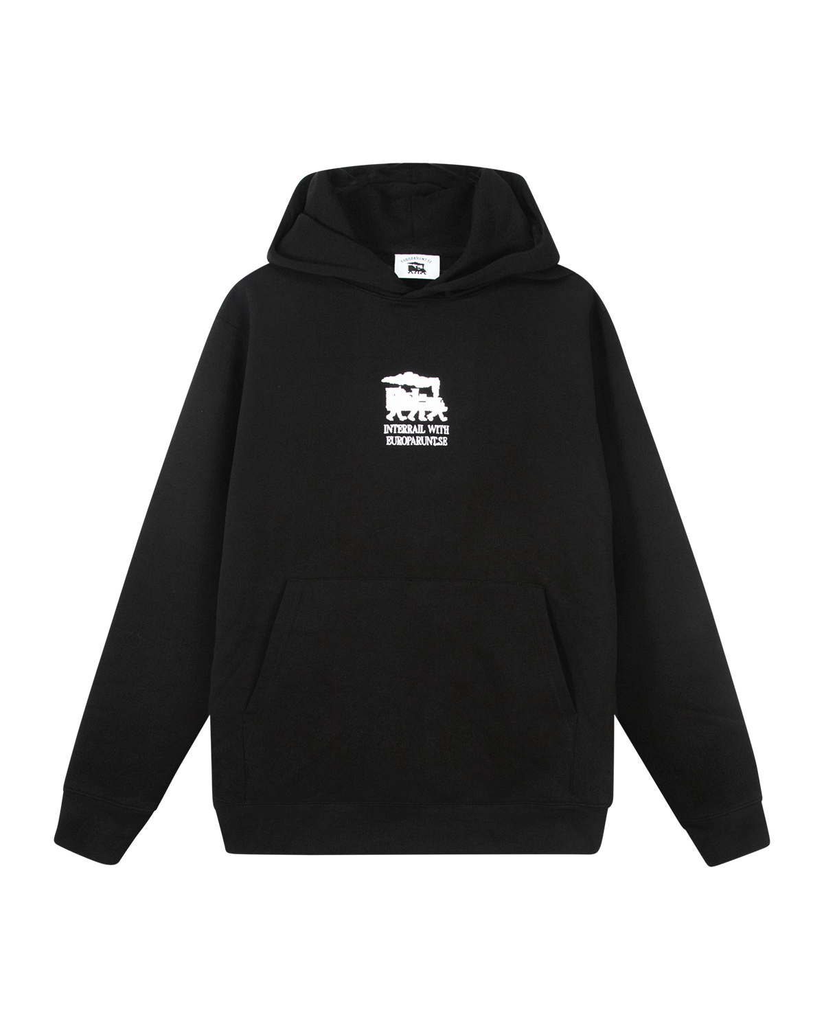 En svart hoodie med Interrail tryck fram och bak. Tågluffarens måste i packningen.