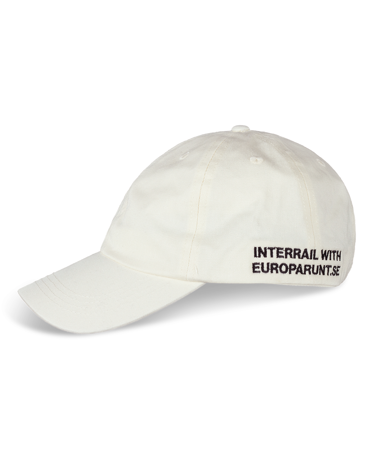 sommarkeps för dig som köpt interrailkort och ska tågluffa i Europa. Tryck tåg med ben och texten interrail with europarunt.se