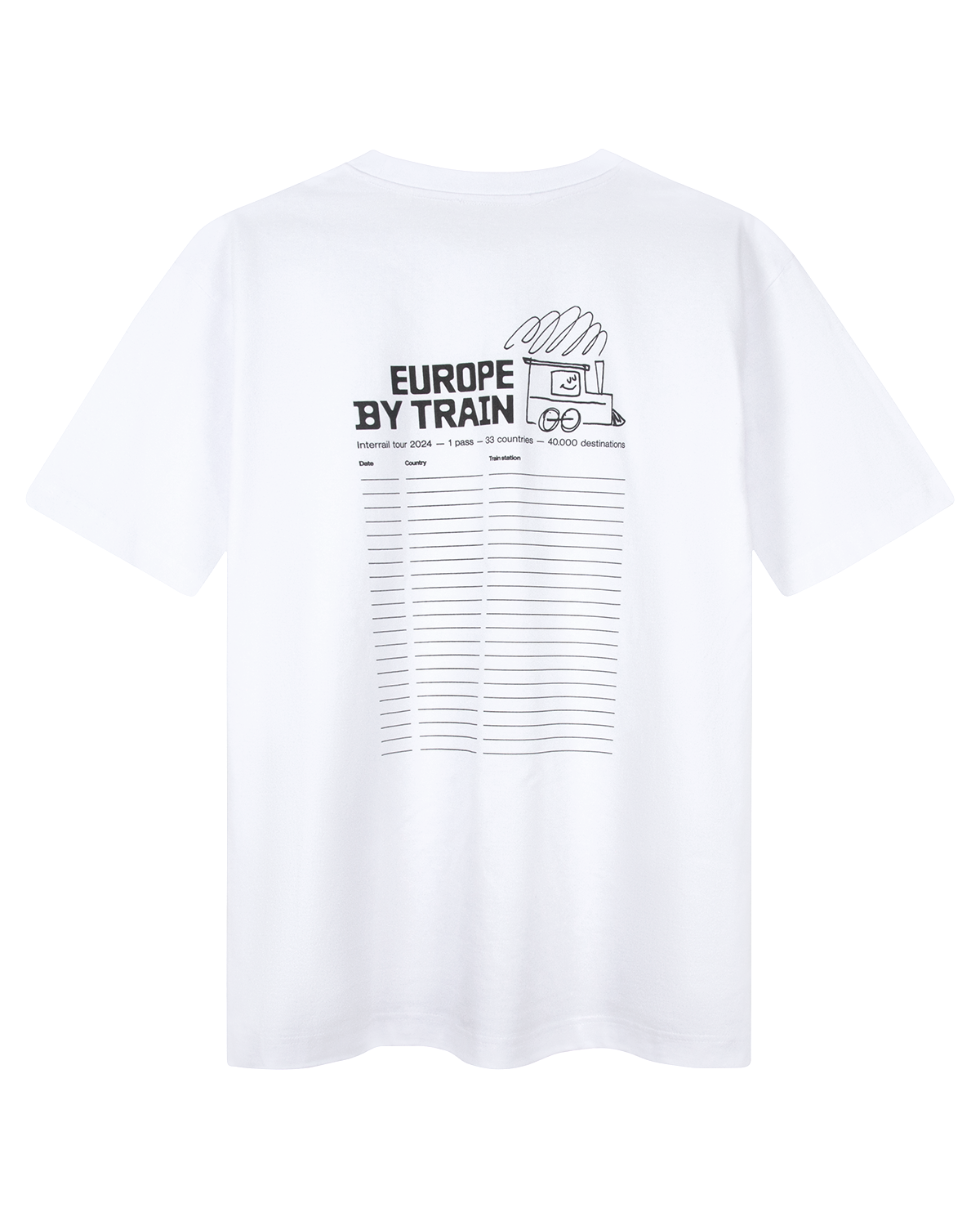 Interrail t-shirt för dig som köpt interrailkort och ska tågluffa i Europa. Tryck med reseplanerare europarunt.se